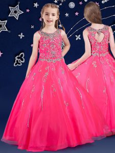 Unique Organza Scoop Sleeveless Zipper Beading Little Girl Pageant Dress in Hot Pink