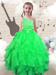 One Shoulder Beading and Ruffles Pageant Gowns For Girls Apple Green Lace Up Sleeveless Floor Length