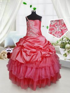 Exquisite Beading and Ruffled Layers Little Girl Pageant Gowns Red Lace Up Sleeveless Floor Length
