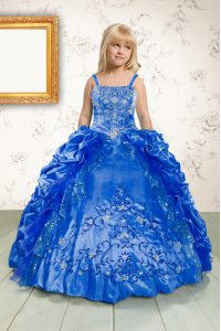 Perfect Blue Pageant Gowns For Girls Military Ball and Sweet 16 and Quinceanera with Beading and Appliques and Pick Ups Spaghetti Straps Sleeveless Lace Up