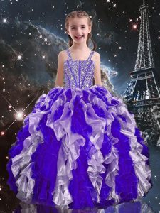 Straps Sleeveless Little Girls Pageant Dress Floor Length Beading and Ruffles Purple Organza