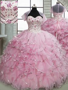 High End Sleeveless Brush Train Beading and Ruffles Lace Up Quinceanera Dress