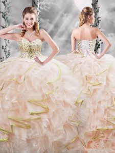 Lace Up Quinceanera Gown Peach for Military Ball and Sweet 16 and Quinceanera with Beading and Ruffles Brush Train