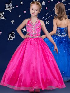 Floor Length Hot Pink Girls Pageant Dresses Halter Top Sleeveless Lace Up