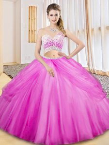 Ideal One Shoulder Sleeveless 15 Quinceanera Dress Floor Length Beading and Ruching and Pick Ups Lilac Tulle