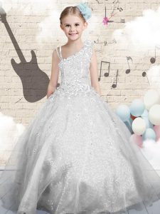 Silver Sleeveless Organza Lace Up Girls Pageant Dresses for Party and Wedding Party