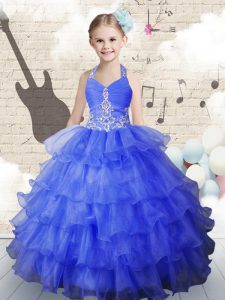 Halter Top Royal Blue Sleeveless Beading and Ruffled Layers Floor Length Little Girls Pageant Gowns