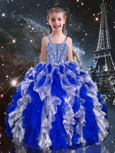 Custom Fit Sleeveless Organza Floor Length Lace Up Kids Pageant Dress in Blue with Beading and Ruffles