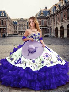 Sleeveless Organza Floor Length Lace Up Sweet 16 Dresses in Purple with Embroidery and Ruffled Layers