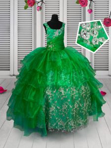 Ruffled Floor Length Green Girls Pageant Dresses Straps Sleeveless Lace Up