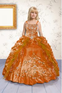 Orange Ball Gowns Satin Spaghetti Straps Sleeveless Beading and Appliques and Pick Ups Floor Length Lace Up Pageant Gowns For Girls
