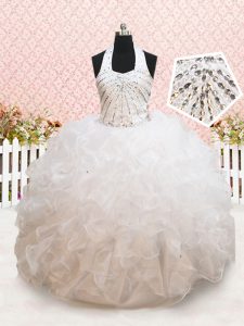 Attractive Halter Top Organza Sleeveless Floor Length Child Pageant Dress and Beading and Ruffles