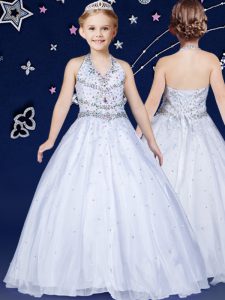 Fancy Floor Length White Little Girl Pageant Dress Halter Top Sleeveless Lace Up