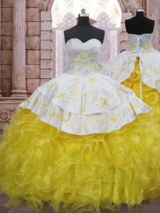 Yellow And White Organza Lace Up Sweetheart Sleeveless Quinceanera Dresses Brush Train Beading and Appliques and Ruffles