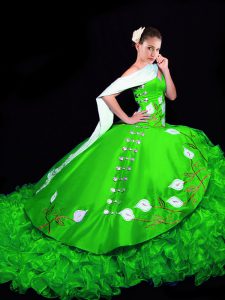 Green 15th Birthday Dress Military Ball and Sweet 16 and Quinceanera with Embroidery and Ruffles Sweetheart Sleeveless Brush Train Lace Up