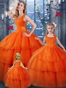 Unique Orange Red Ball Gowns Ruffled Layers Sweet 16 Dress Lace Up Organza Sleeveless Floor Length