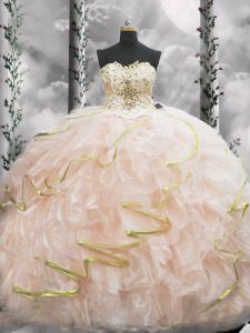 Peach Sleeveless Organza Brush Train Lace Up Sweet 16 Dresses for Military Ball and Sweet 16 and Quinceanera
