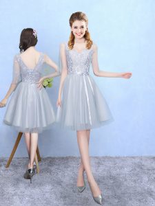 Fine Silver Dama Dress Wedding Party with Lace V-neck Half Sleeves Lace Up