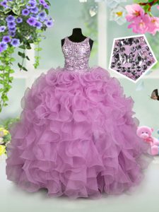 Scoop Sleeveless Little Girls Pageant Dress Floor Length Ruffles and Sequins Lilac Organza