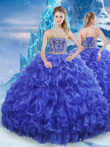 Decent Royal Blue Lace Up Sweet 16 Dresses Beading and Appliques and Ruffles Sleeveless Floor Length