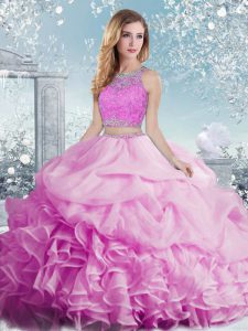 Top Selling Floor Length Lilac Ball Gown Prom Dress Organza Sleeveless Beading and Ruffles and Pick Ups