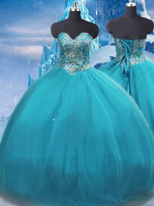 Sexy Sweetheart Sleeveless 15 Quinceanera Dress Floor Length Appliques Teal Tulle