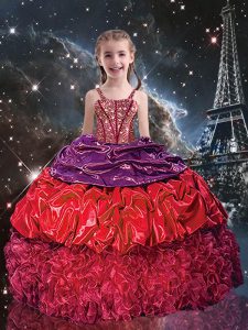 Charming Beading and Ruffles and Pick Ups Kids Pageant Dress Red Lace Up Sleeveless Floor Length