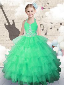 Green Halter Top Neckline Beading and Ruffled Layers Kids Formal Wear Sleeveless Lace Up