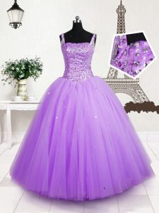 Lilac Tulle Lace Up Straps Sleeveless Floor Length Kids Pageant Dress Beading and Sequins