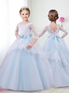 Light Blue Tulle Lace Up Scoop Half Sleeves With Train Little Girls Pageant Dress Wholesale Brush Train Lace and Bowknot