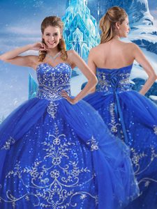 Blue Tulle Lace Up Sweet 16 Dresses Sleeveless Floor Length Beading and Appliques