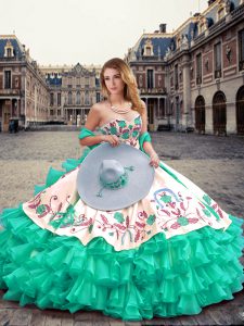 Super Turquoise Sleeveless Organza Lace Up Vestidos de Quinceanera for Military Ball and Sweet 16 and Quinceanera