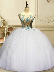 White Scoop Lace Up Appliques and Ruffles Quinceanera Dress Sleeveless