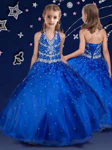 Floor Length Royal Blue Little Girls Pageant Dress Halter Top Sleeveless Lace Up