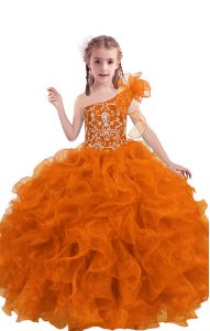 Beading and Ruffles Little Girl Pageant Gowns Orange Red Lace Up Sleeveless Floor Length