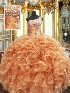 Custom Design Orange Lace Up Quinceanera Dress Beading and Ruffles Sleeveless Floor Length