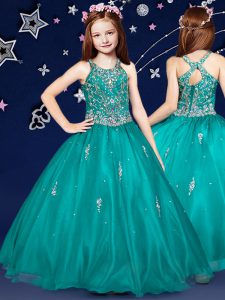 Teal Scoop Neckline Beading Pageant Gowns For Girls Sleeveless Zipper