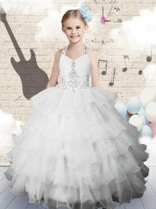 Dazzling White Lace Up Halter Top Beading and Ruffled Layers Kids Formal Wear Organza Sleeveless