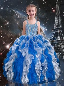 Blue Little Girl Pageant Dress Quinceanera and Wedding Party with Beading and Ruffles Straps Sleeveless Lace Up