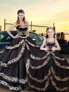 Pretty Black Ball Gowns Sweetheart Sleeveless Taffeta Floor Length Lace Up Embroidery and Ruffled Layers 15 Quinceanera Dress