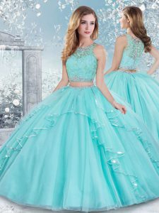 Dramatic Two Pieces 15th Birthday Dress Aqua Blue Scoop Tulle Sleeveless Floor Length Clasp Handle