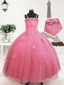 Hot Pink Ball Gowns Straps Sleeveless Tulle Floor Length Zipper Beading and Appliques Little Girls Pageant Gowns