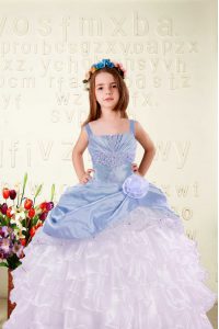 Classical Light Blue Straps Neckline Beading and Ruffled Layers and Hand Made Flower Girls Pageant Dresses Sleeveless Lace Up