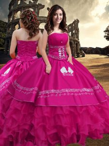 Sleeveless Taffeta Floor Length Zipper Quinceanera Dresses in Hot Pink with Embroidery and Ruffled Layers