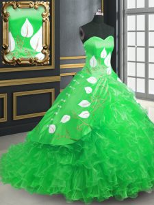 Green Lace Up Sweetheart Embroidery and Ruffles 15th Birthday Dress Organza Sleeveless Brush Train