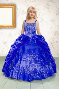 Custom Made Royal Blue Ball Gowns Spaghetti Straps Sleeveless Satin Floor Length Lace Up Beading and Appliques and Pick Ups Little Girls Pageant Dress Wholesale