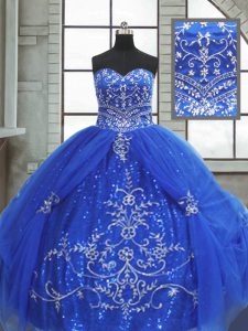 Chic Blue Ball Gowns Sweetheart Sleeveless Tulle Floor Length Lace Up Beading and Appliques Quinceanera Dresses
