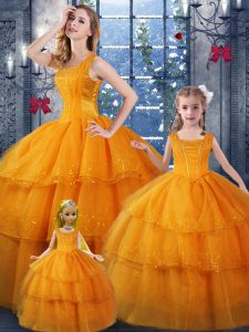 Best Selling Orange Lace Up Quinceanera Gowns Ruffled Layers Sleeveless Floor Length