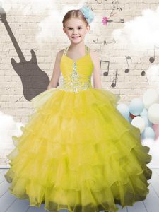 Yellow Green Halter Top Lace Up Beading and Ruffled Layers Little Girls Pageant Gowns Sleeveless