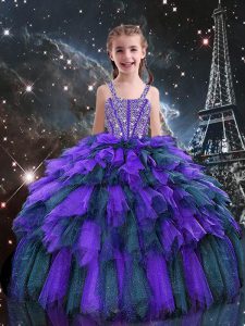 Eggplant Purple Ball Gowns Beading and Ruffles Little Girls Pageant Dress Lace Up Tulle Sleeveless Floor Length